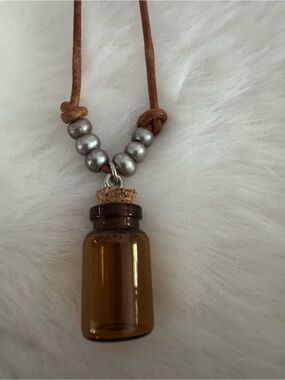 Leather Cord Necklace with Amber Glass Vial Pendant and Freshwater Pearls